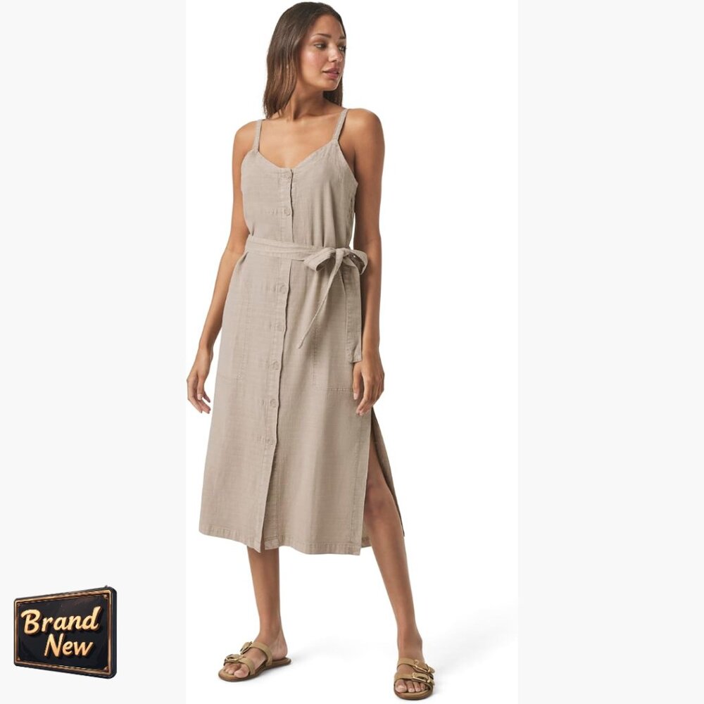 Linen Blend Midi Dress With Adjustable Straps And Self-Tie Belt